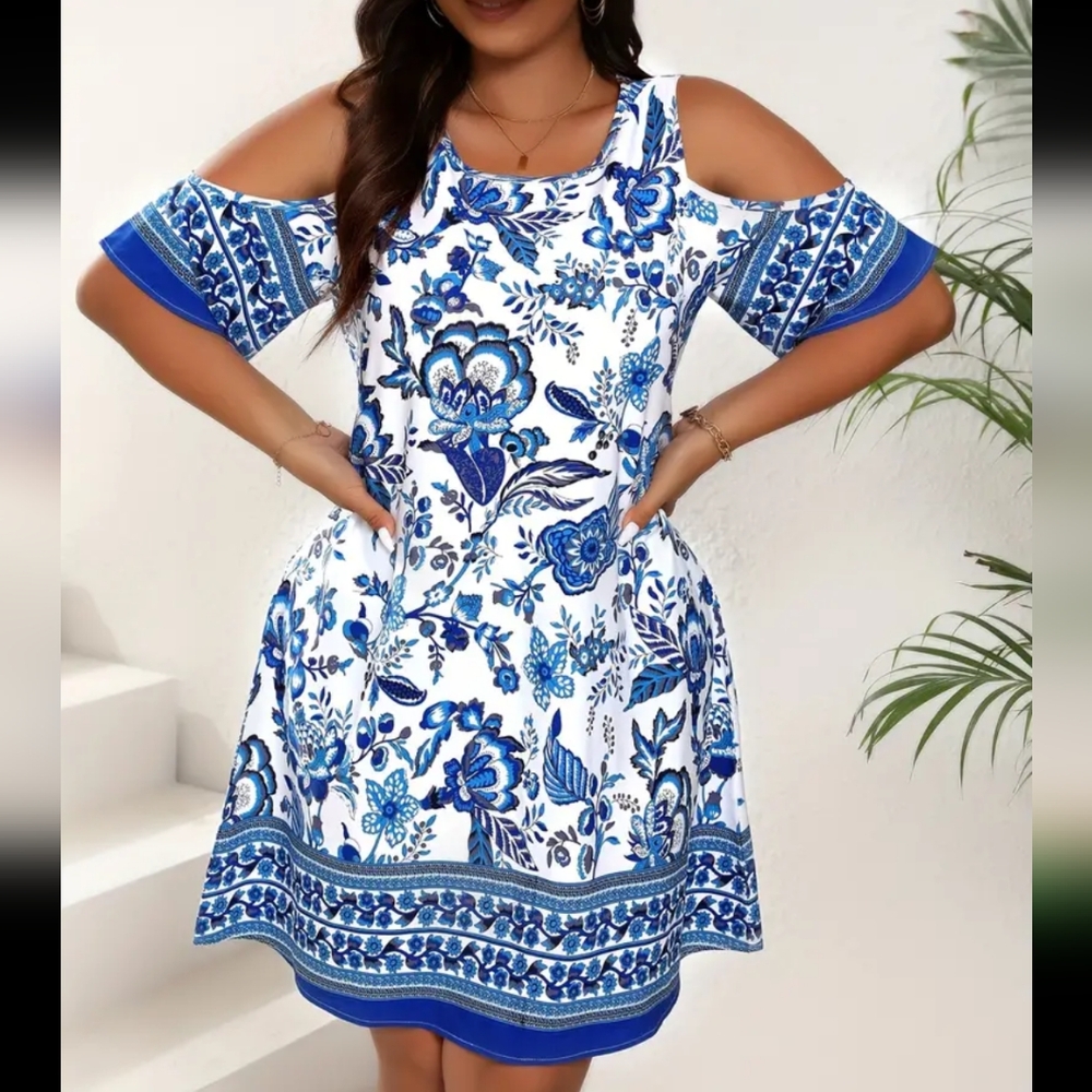 Sz 20 NEW Blue/White Floral Cold Shoulder Dress 27.75" PTP, 43.75" Long SOFT - Picture 6 of 15